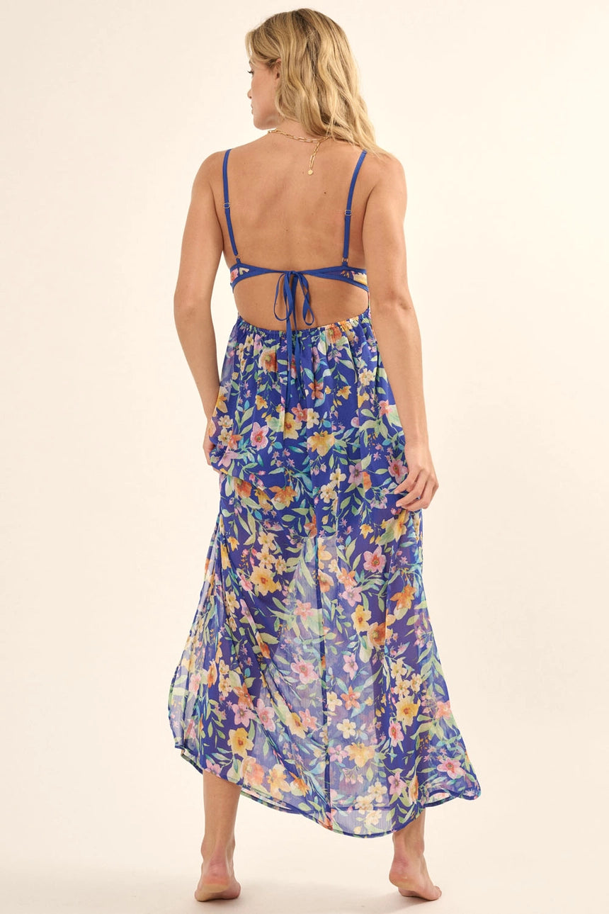 Floral Sweetheart Neck Gather Bodice Maxi Dress