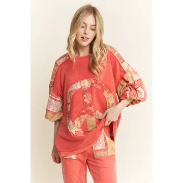 Mineralwash Red / Orange Peace sign blouse with puff sleeves