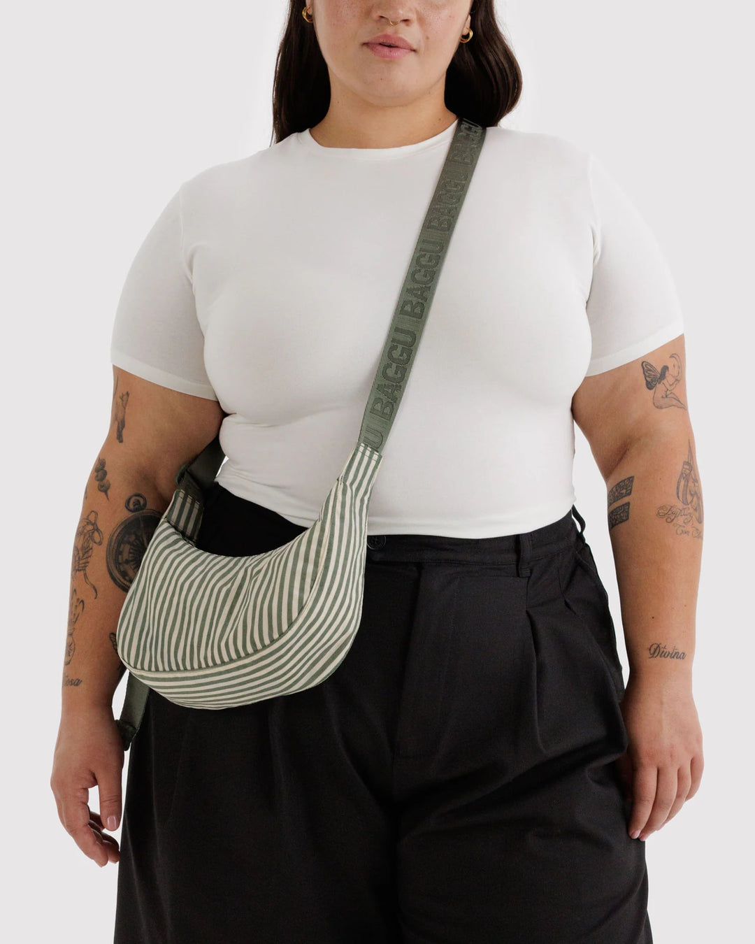 Small Nylon Crescent Bag - Sage Stripe Baggu