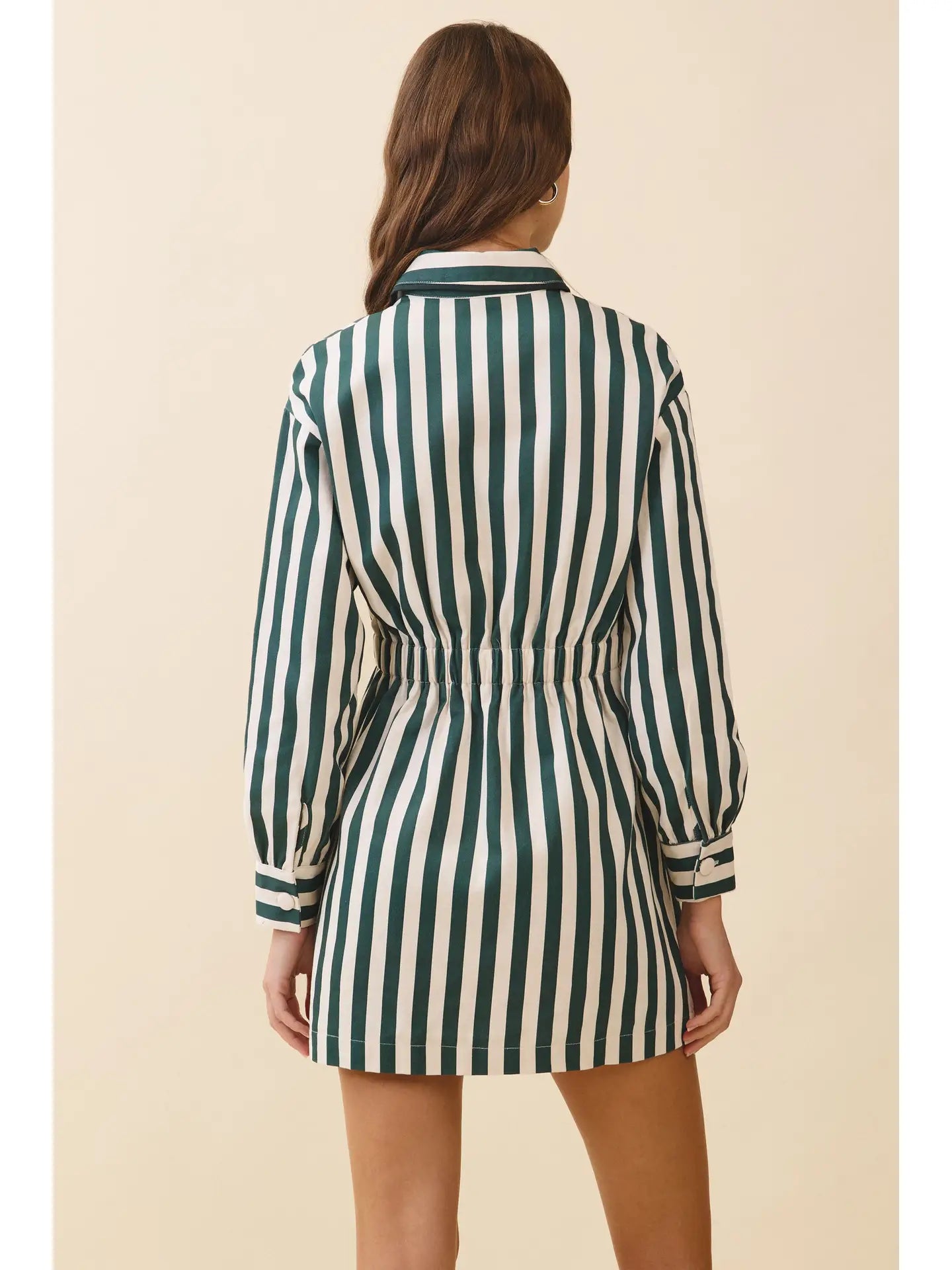 Vertical Striped Waist Elastic Band Shirt Dress