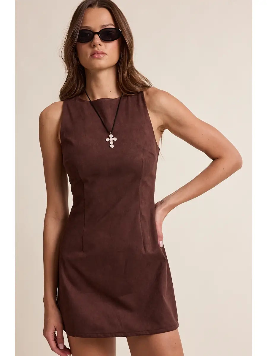 Dark Suede Boat Neck Inside Shorts Mini Dress