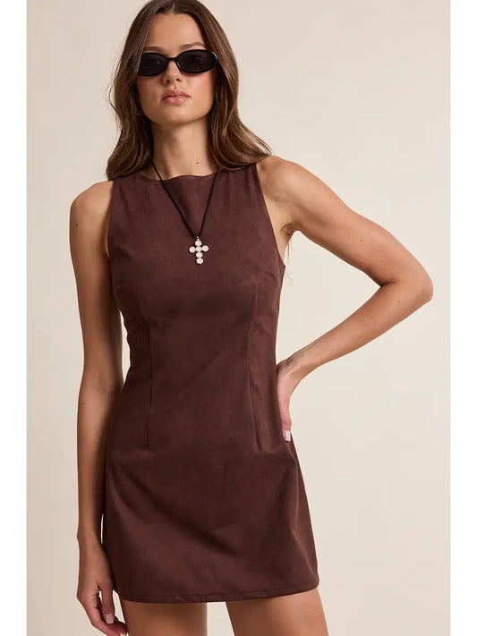 Dark Suede Boat Neck Inside Shorts Mini Dress