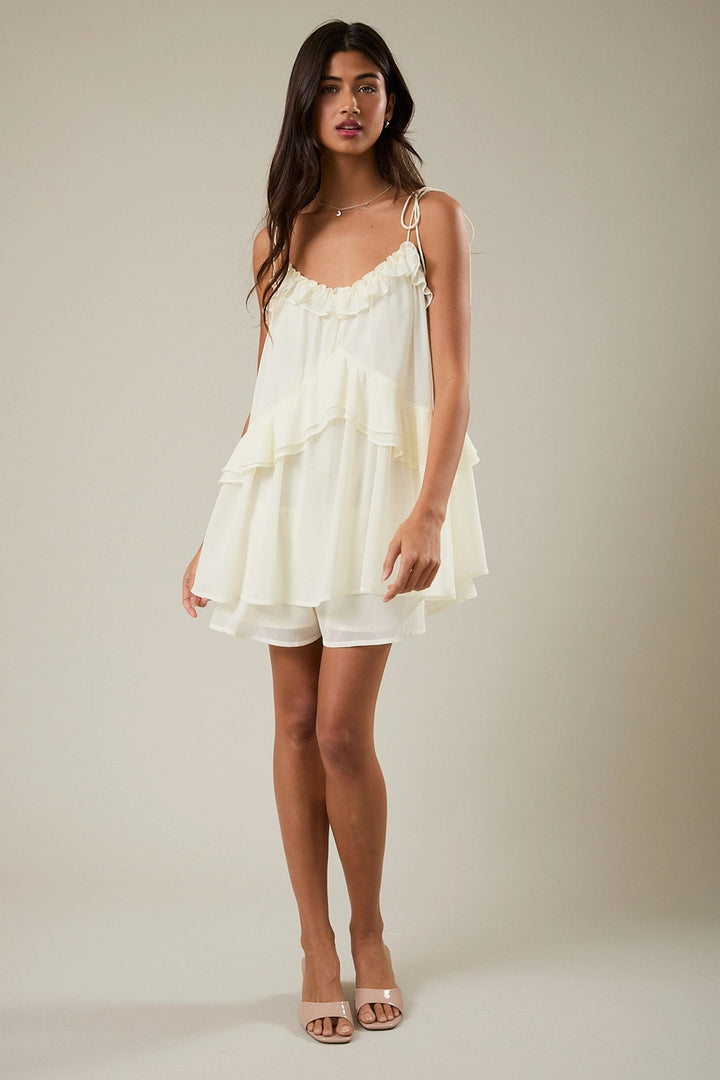 Ruffle Detail Shoulder Tie Flare Romper