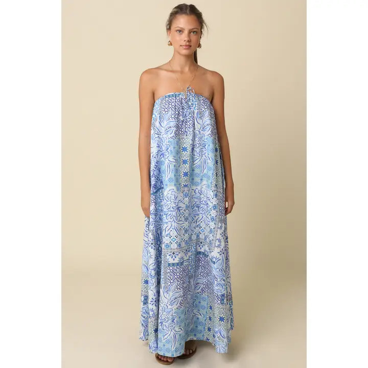 Clover Tile Print Strapless Maxi Dress