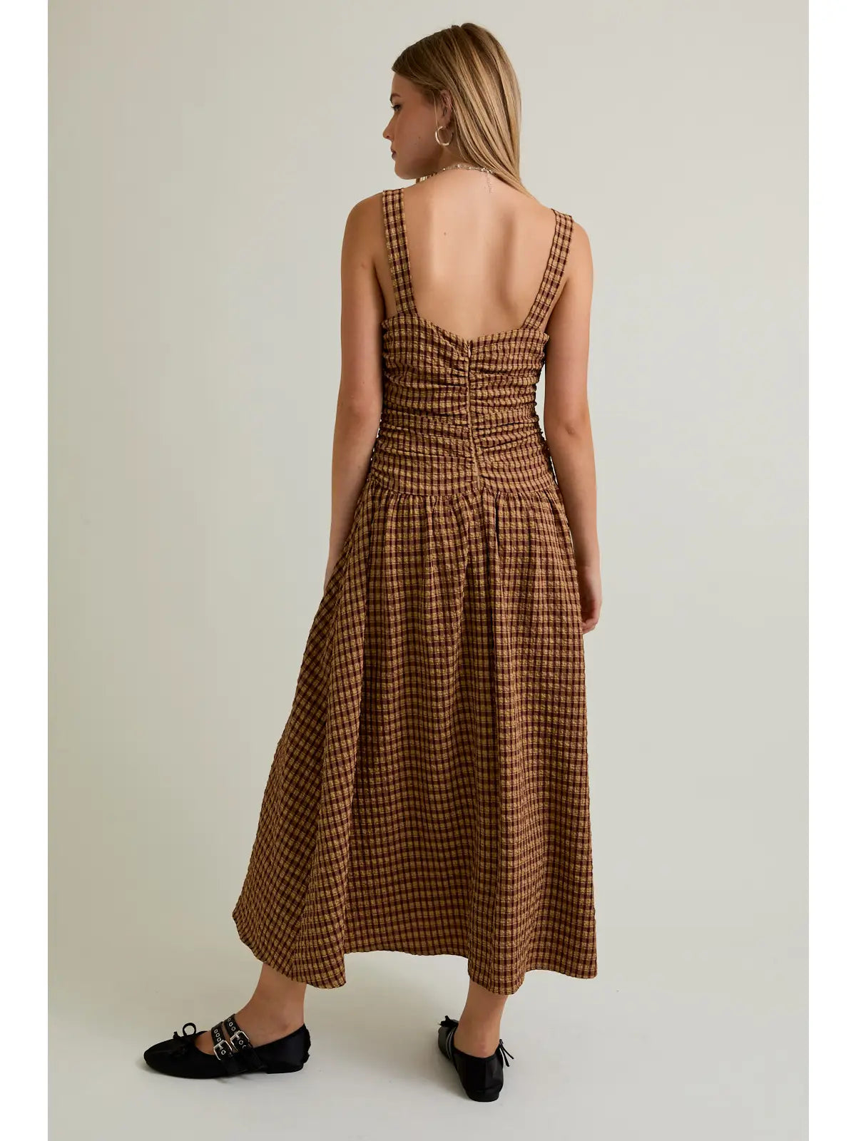 Sleeveless Square Neck Dropped Waist Plaid Midi Dress