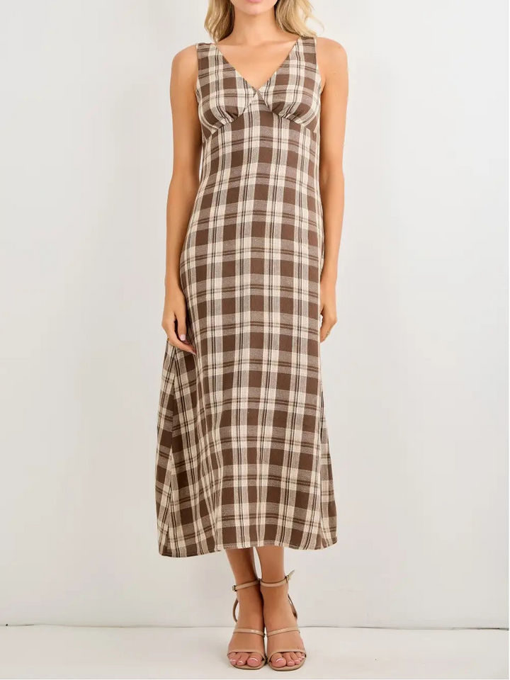 Plaid V-Neck Sleeveless Midi Dress