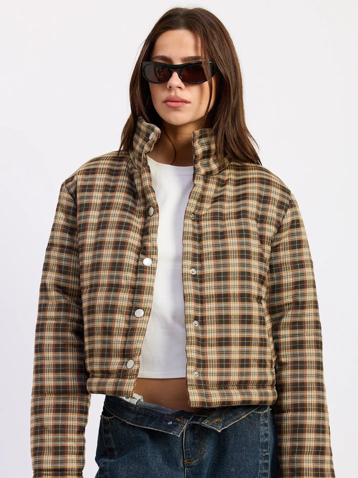 Collared Plaid Puffer Jacket