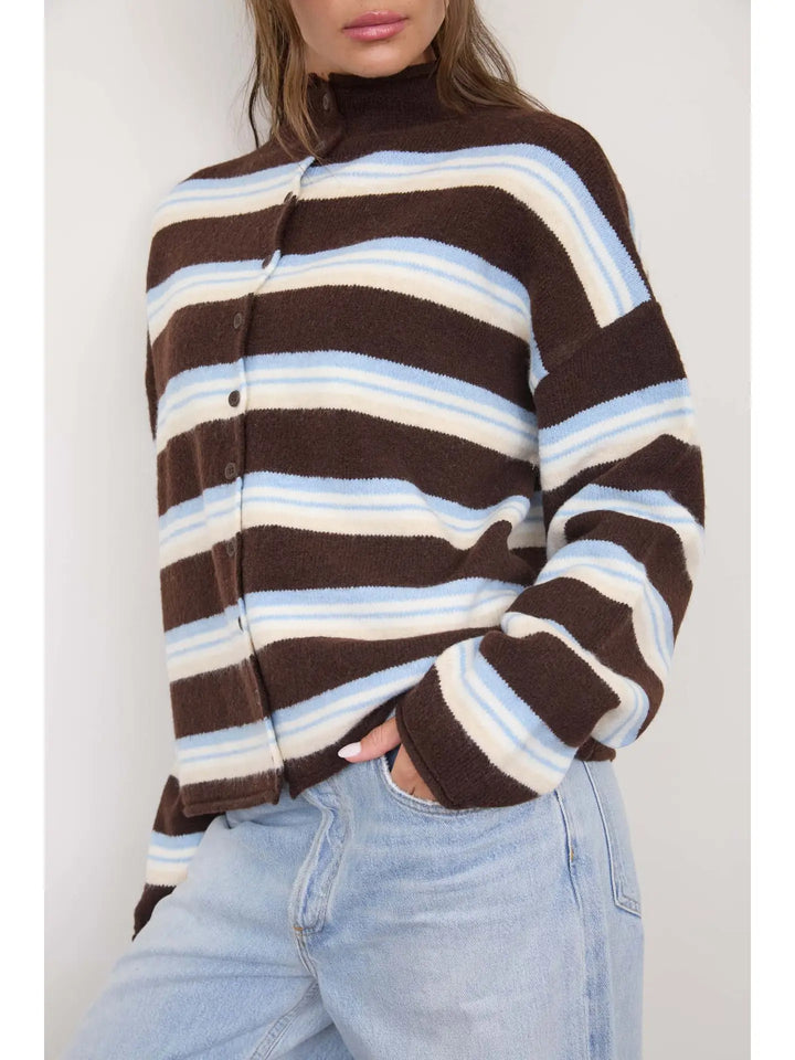 Multi-Color Stripe Rolled Neck Knit Cardigan