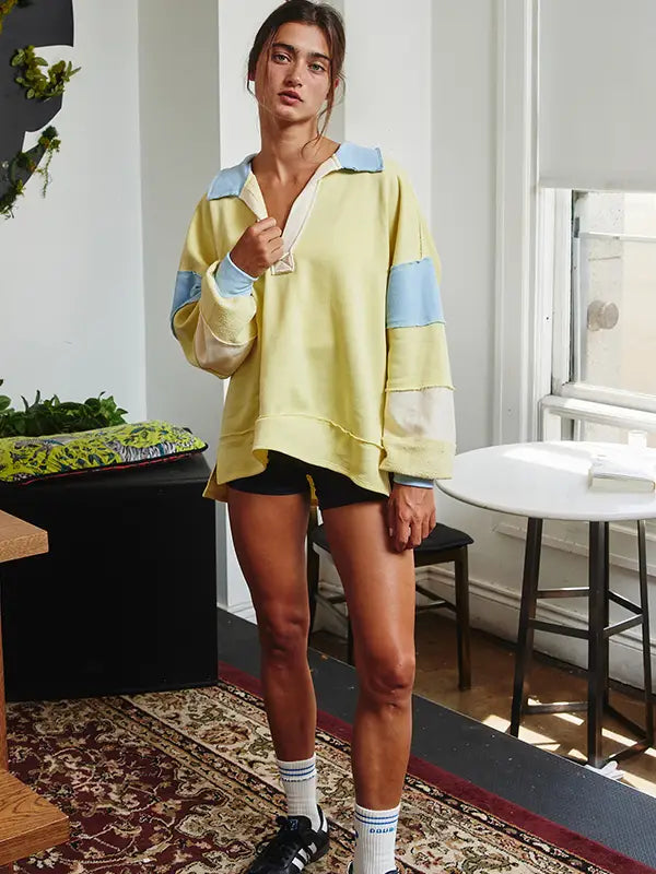French Terry Color-Block Collared Loose Fit Top