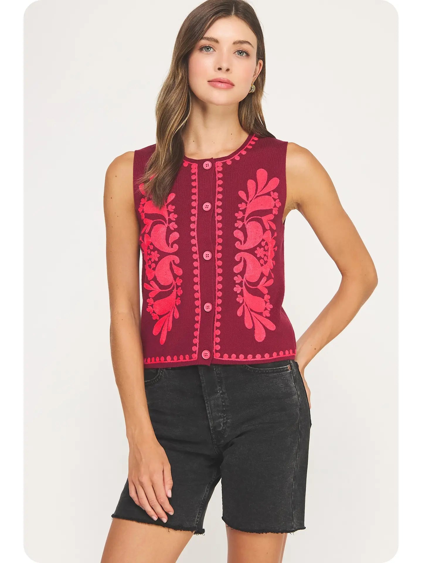 Embroidered Sleeveless Knitted Vest Top