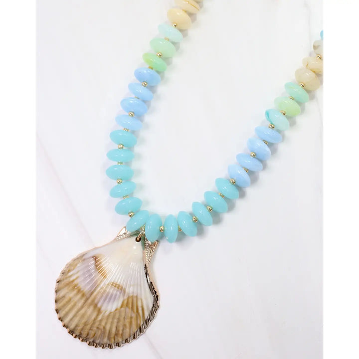 Brea Stone Beaded Shell Necklace Aqua