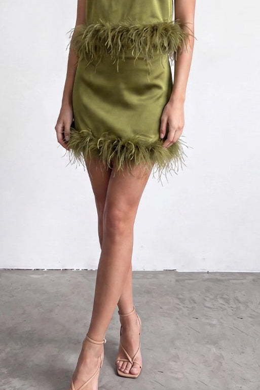 Chic Fur Trim Satin Cami Crop Top