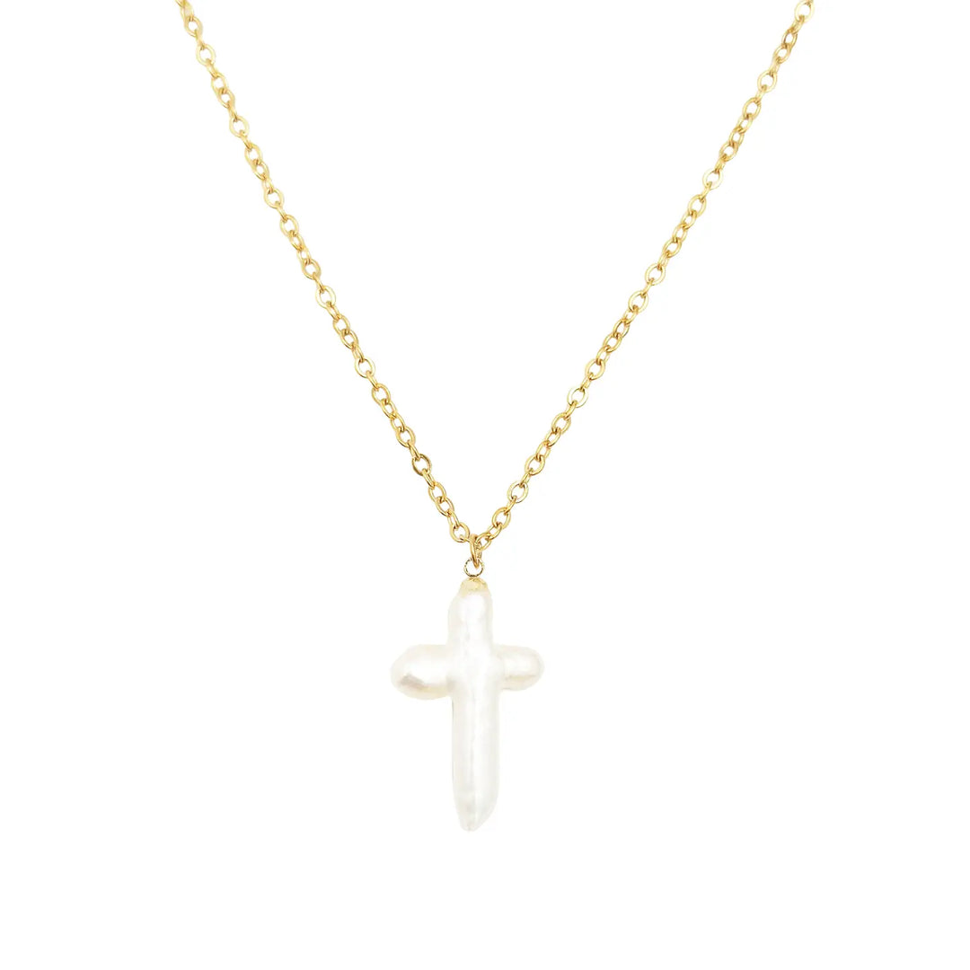 Fresh Water Pearl Cross Necklace Waterproof