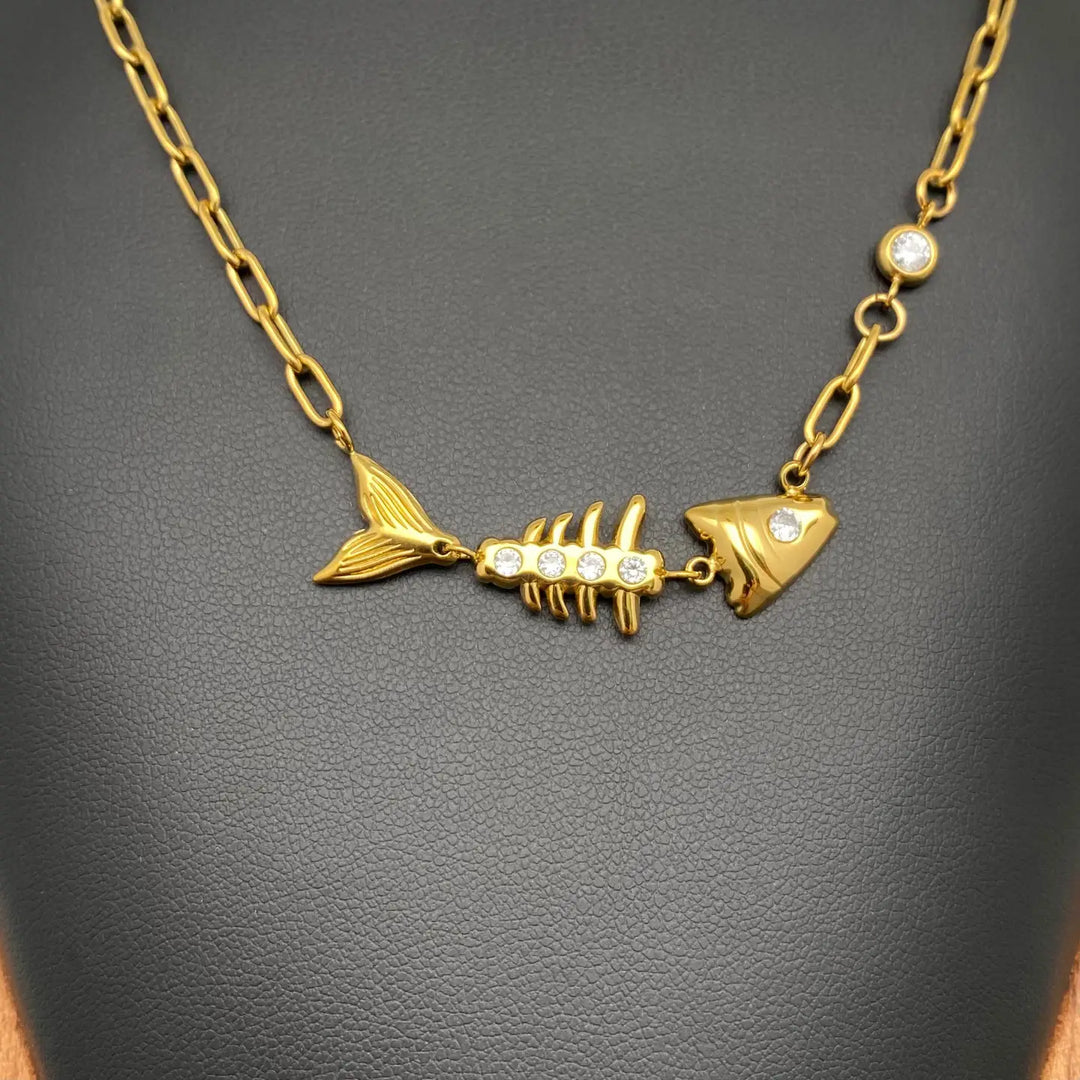 Fishbone Charm 18K Gold Plated Stainless Steel Necklace -Fgs