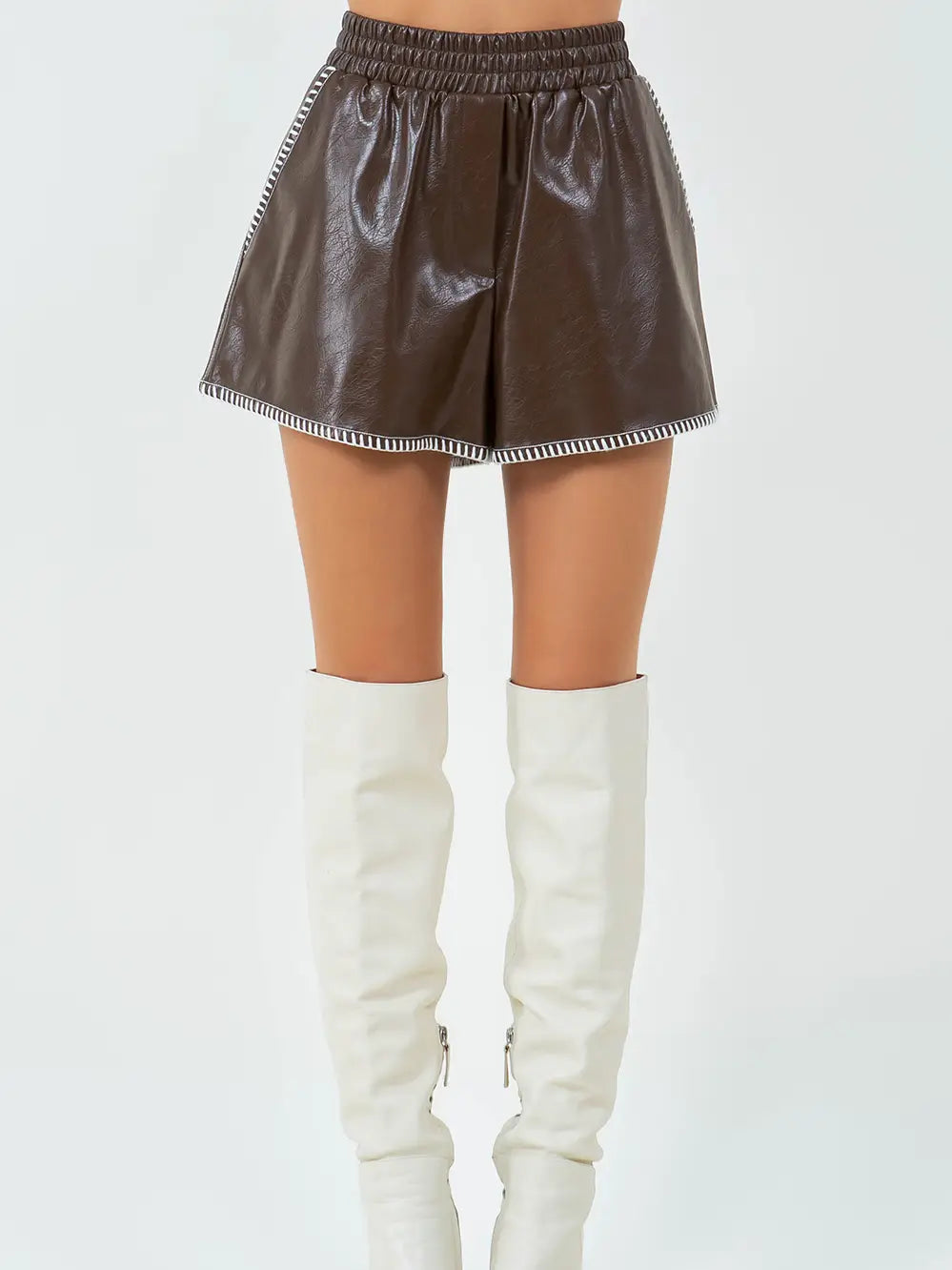 Contrast Blanket Stitched Pu Leather Shorts - Choco Brown