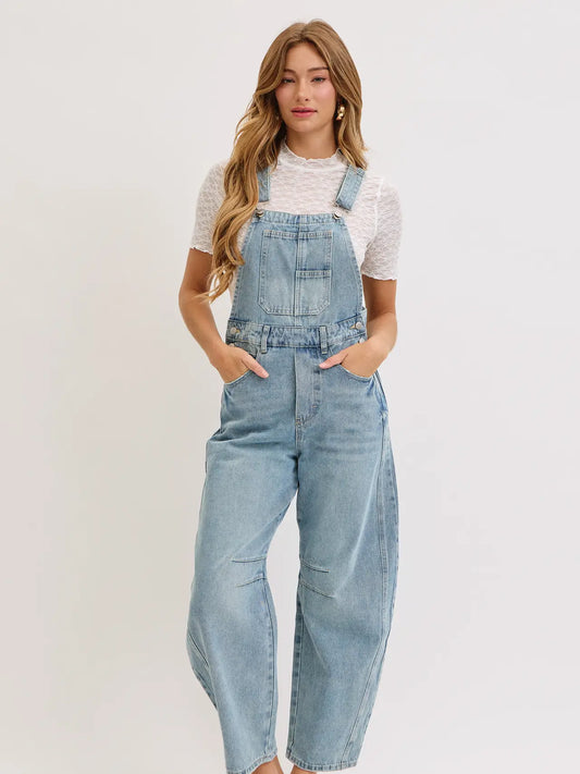 Barrel-Leg Denim Overalls Jumpsuit