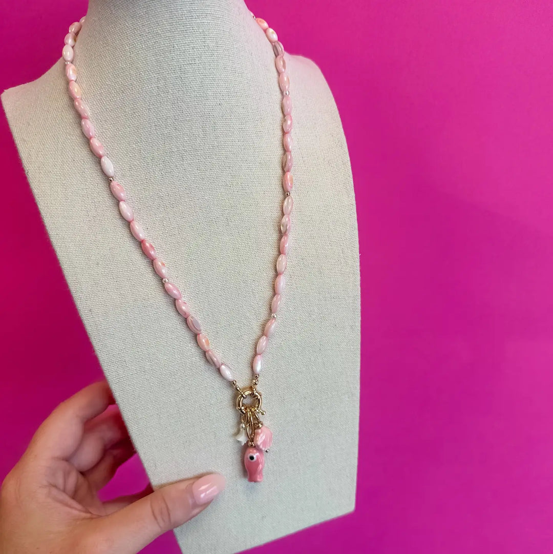 Fish Necklace with Dainty Bead - Pink