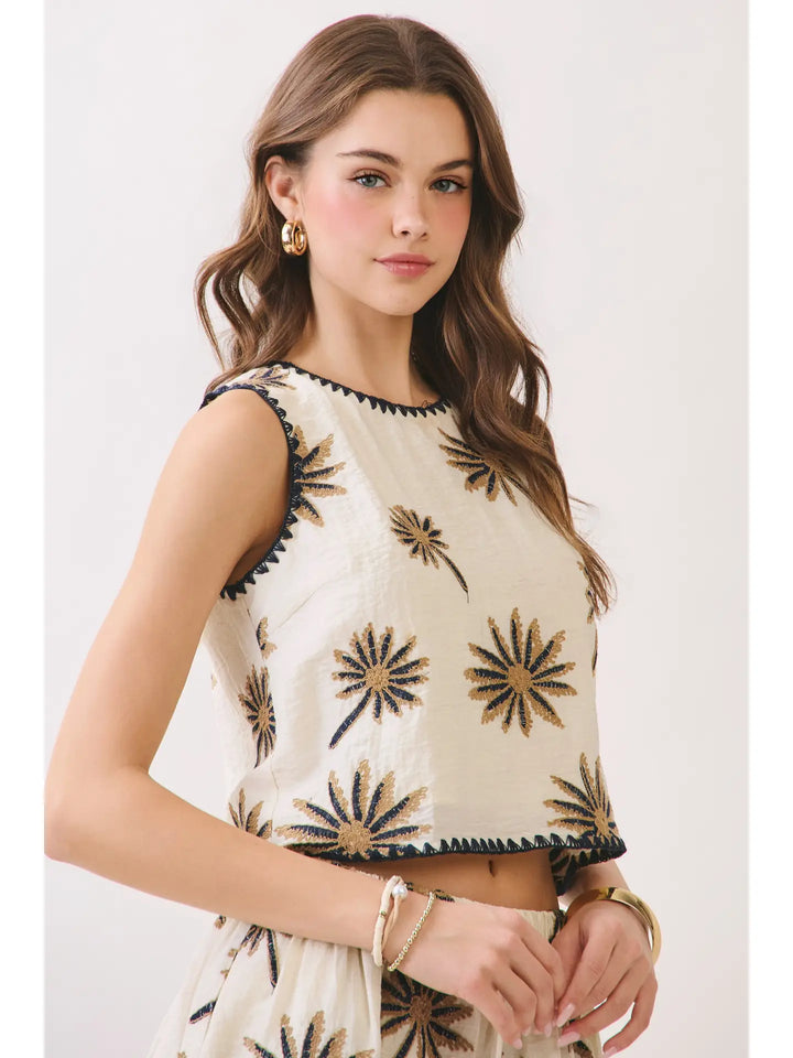 Palm Tree Embroidered Back Keyhole Crop Top
