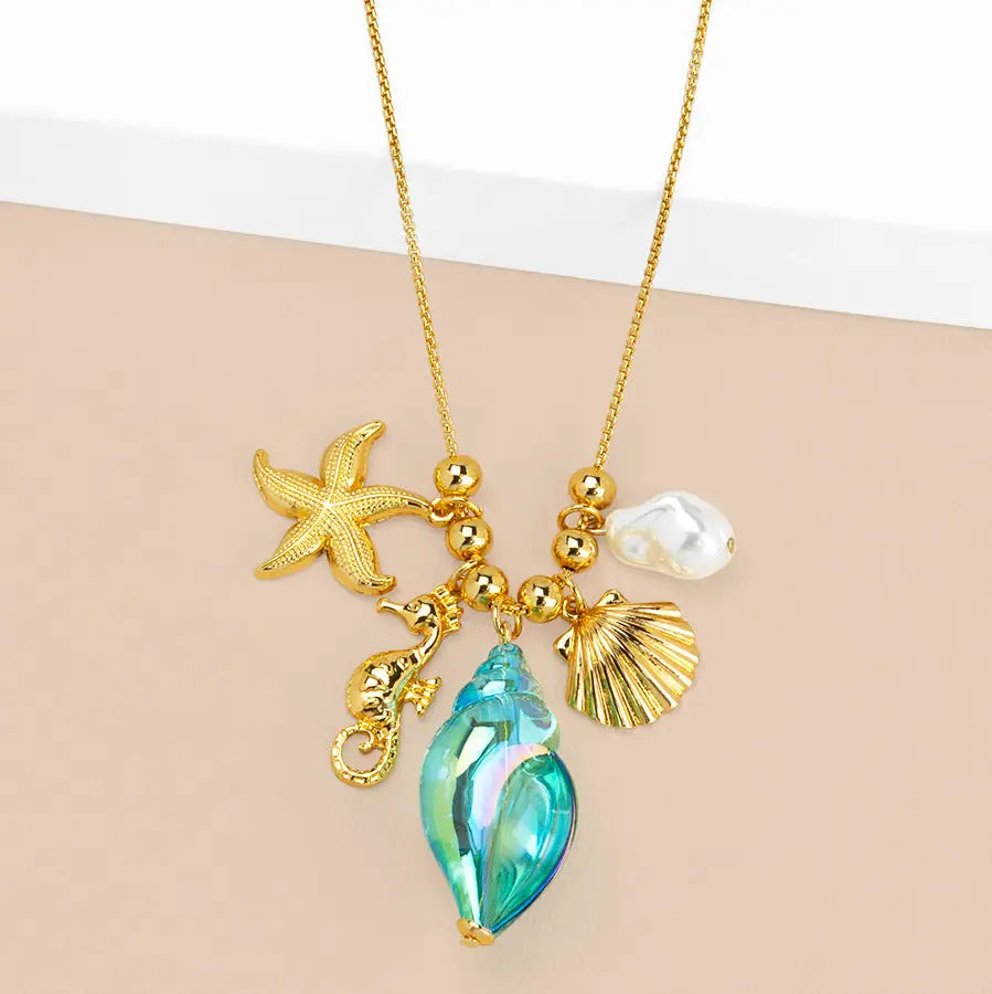Iridescent Seashell Pendant Charm Cluster Necklace