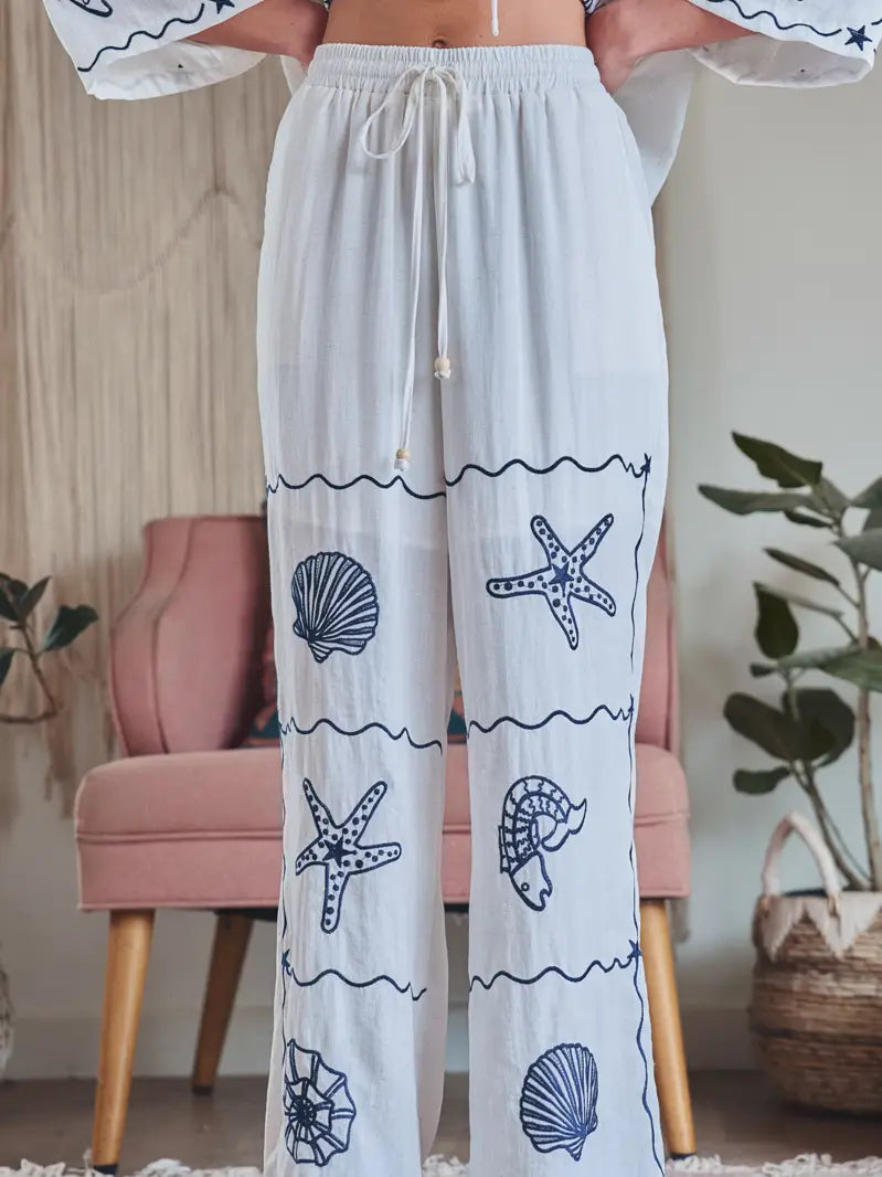 Seashell Embroidered Linen Blend Wide Leg Pants