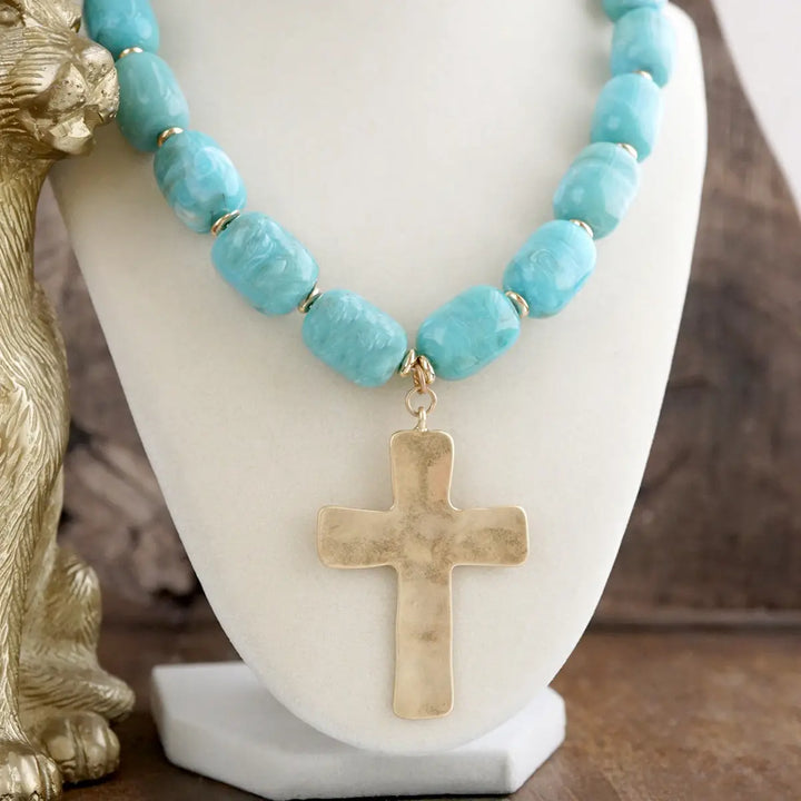Chunky Statement Necklace – Acrylic Beads Gold Cross Necklace