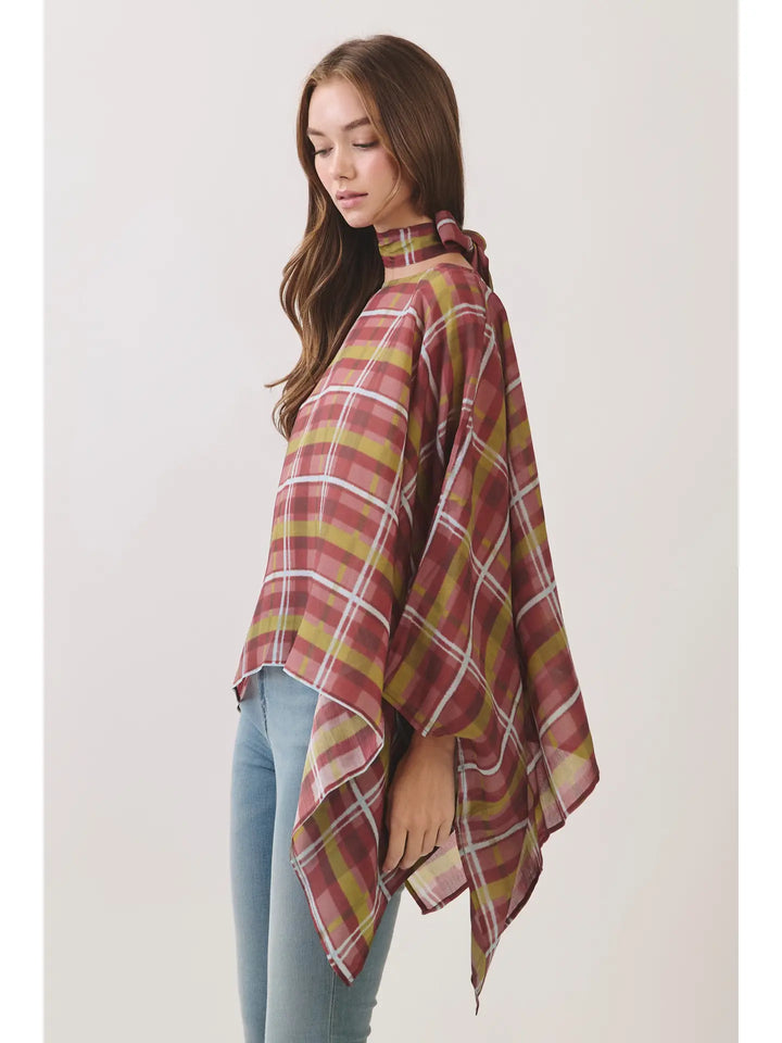 Plaid Scarf Neck Poncho Top
