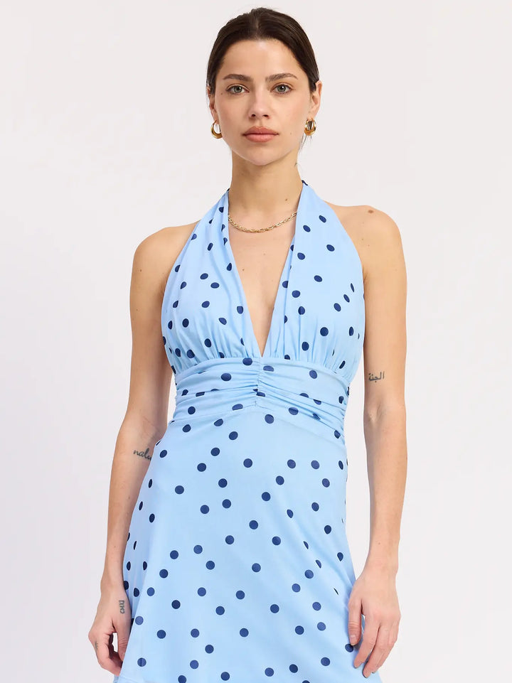 Blue Polka Dot Deep-V Halter Neck Mini Dress