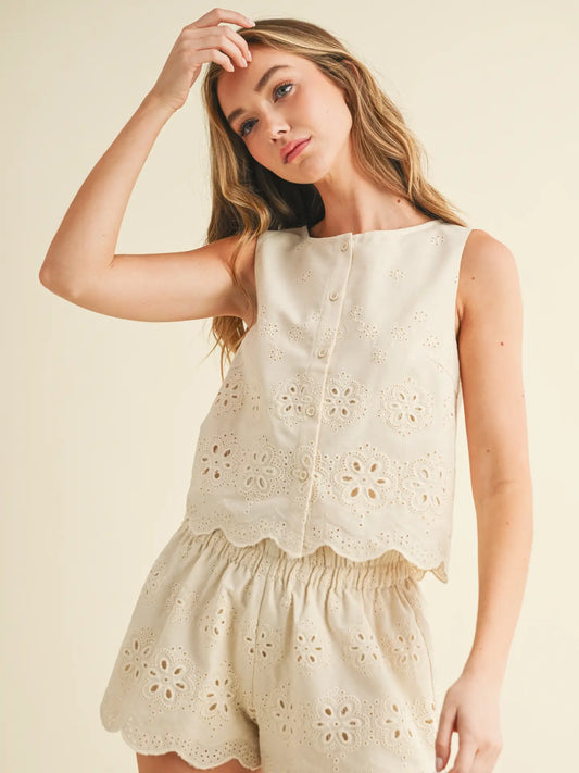 Floral Eyelet Embroidery Scalloped Hem Crop Top