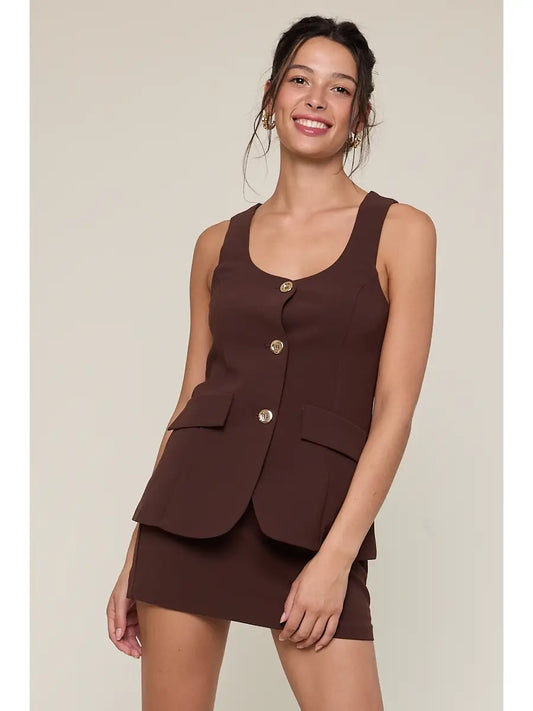 Front Button Vest Top & Slim Fit-in Mini Skirt Set