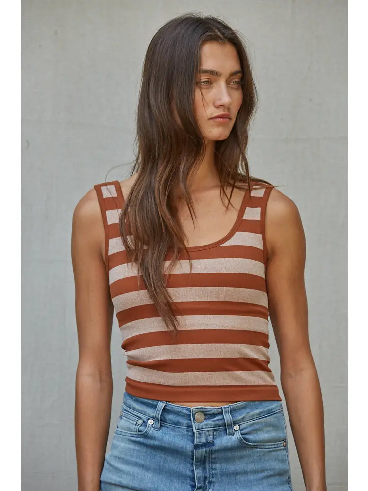 Camel Knit Striped Seamless Padded Tank Top