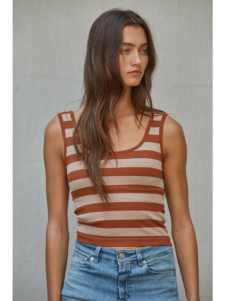 Camel Knit Striped Seamless Padded Tank Top