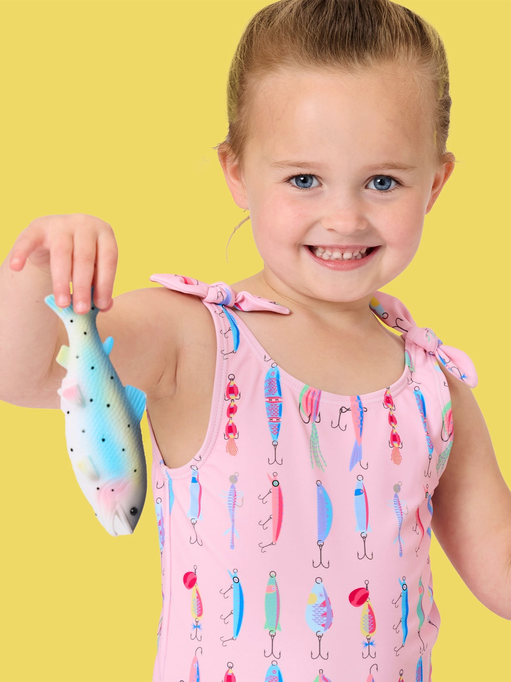 Girls Pink Gone Fishin Tie Shoulder One Piece Swimsuit