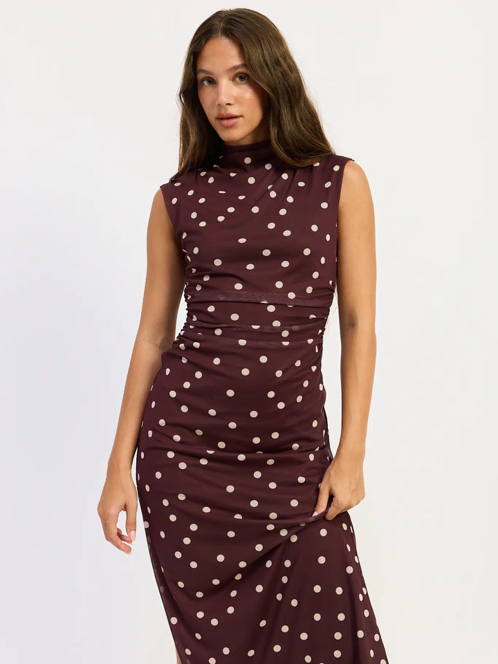 Polka Dot Sleeveless Mesh Midi Dress