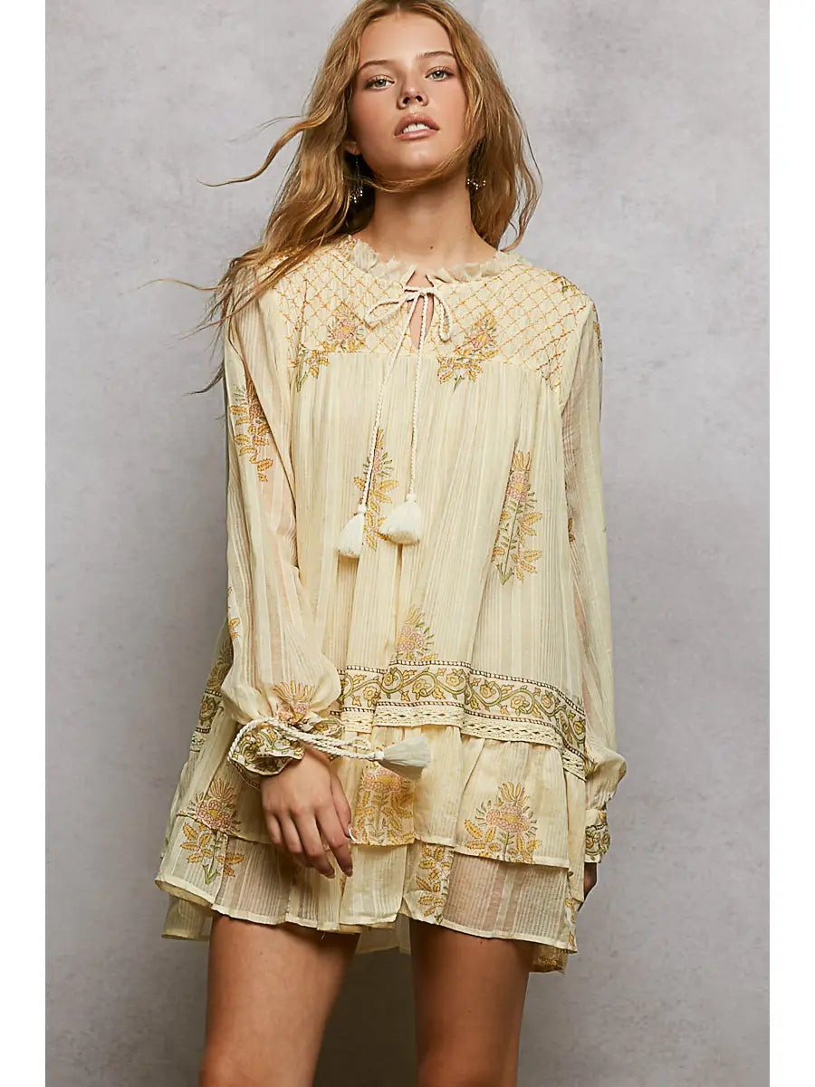 Bohemian Long Sleeve Floral Dress with Tassels | POL