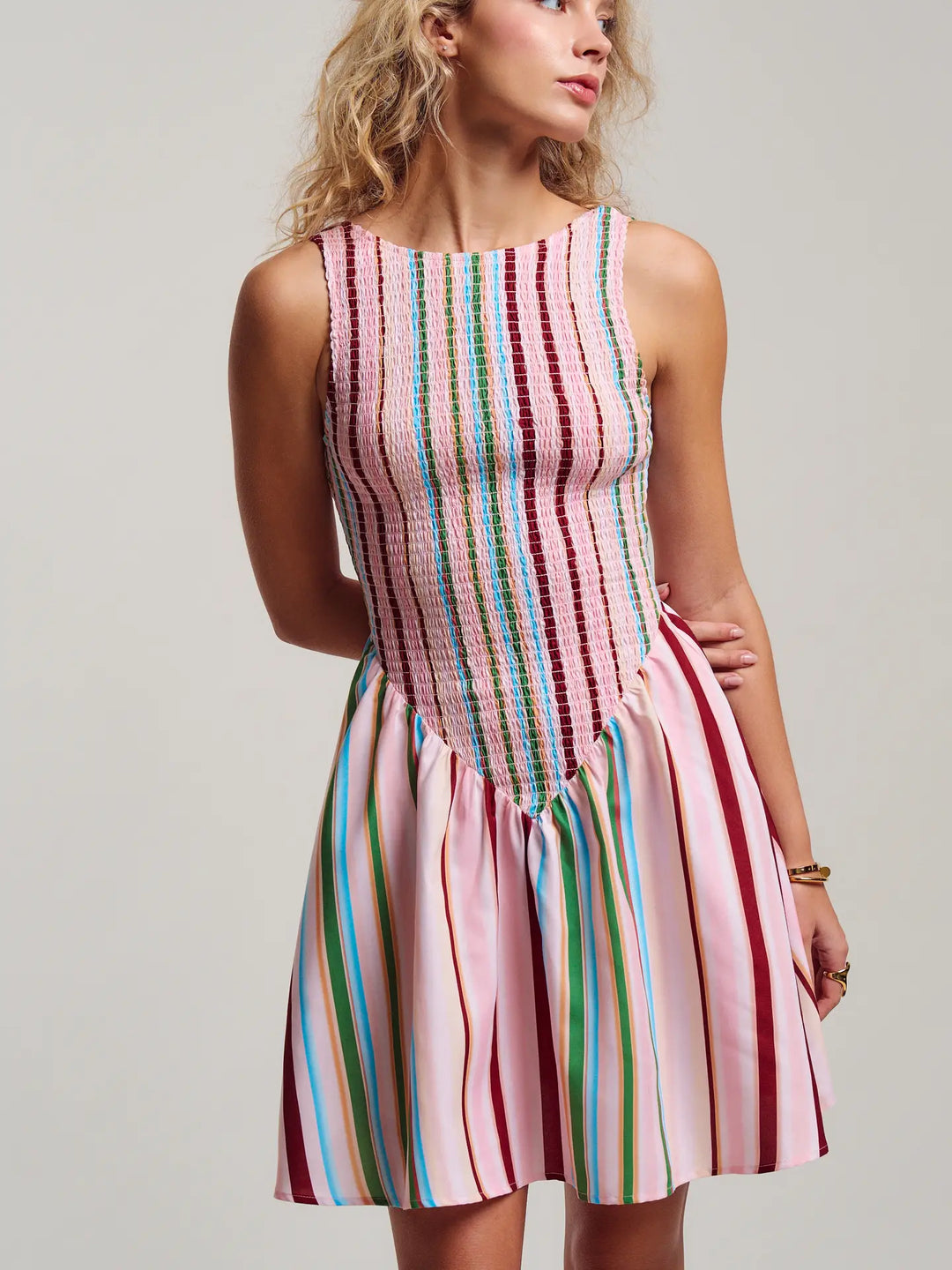 Sorbet Stripe Smocked Bodice Sleeveless Mini Dress