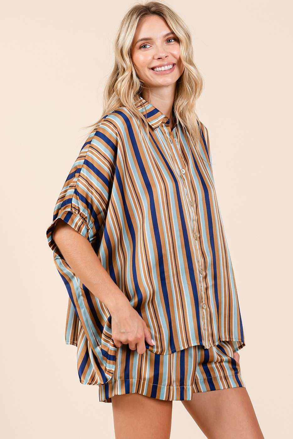 Multicolor Striped Print Satin Dolman Sleeve Top