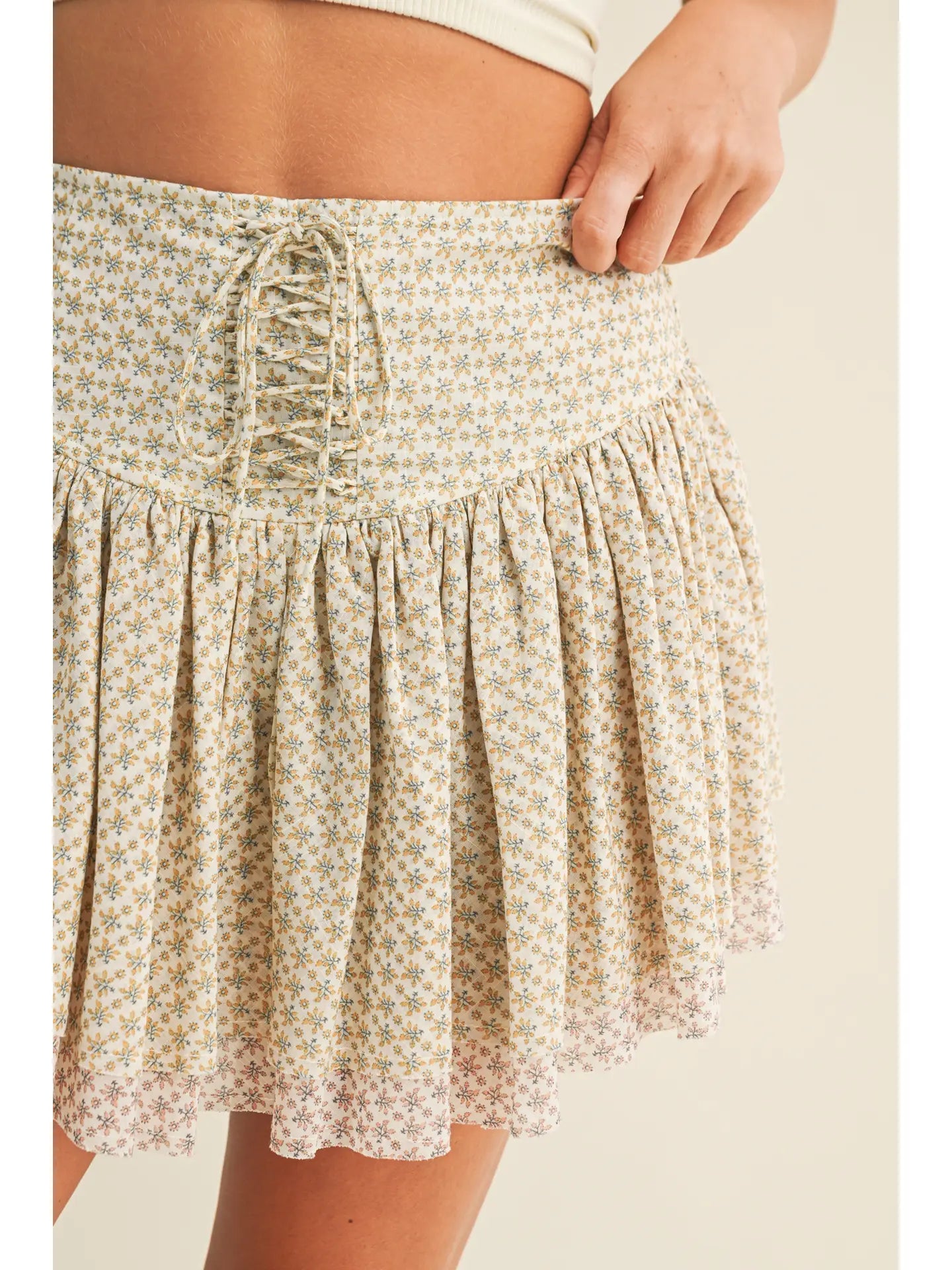 Floral Mini Skirt with A Lace-Up Detail At the Front