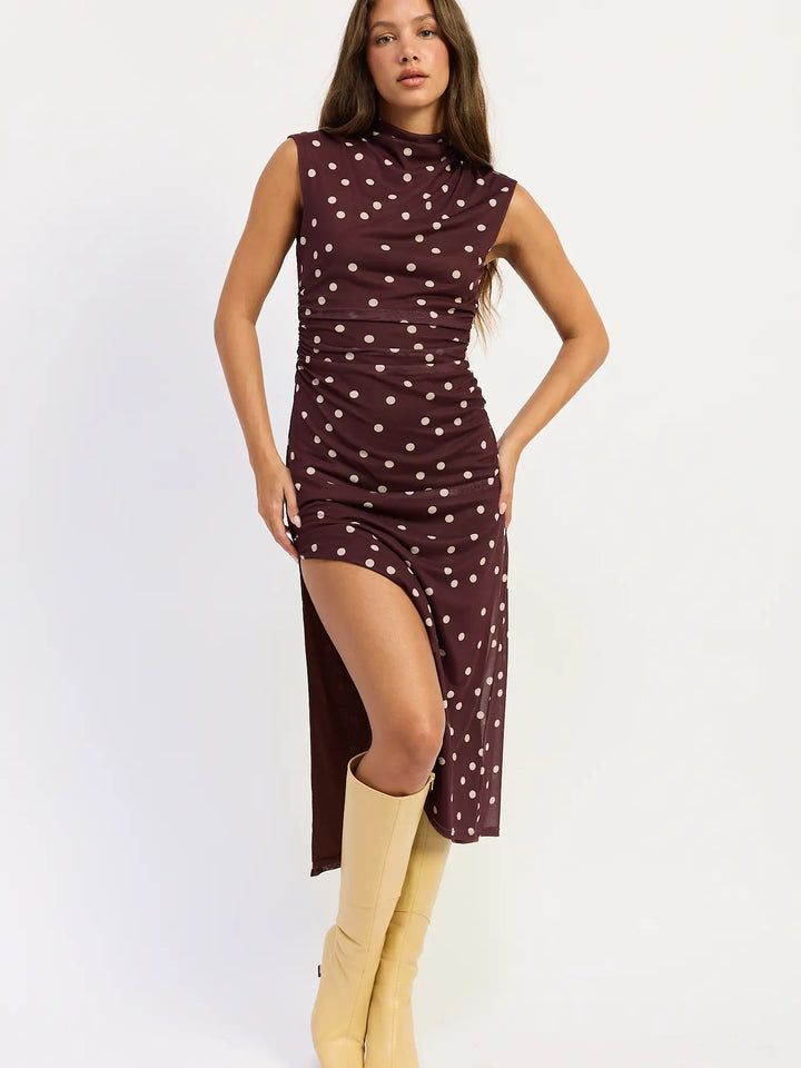 Polka Dot Sleeveless Mesh Midi Dress
