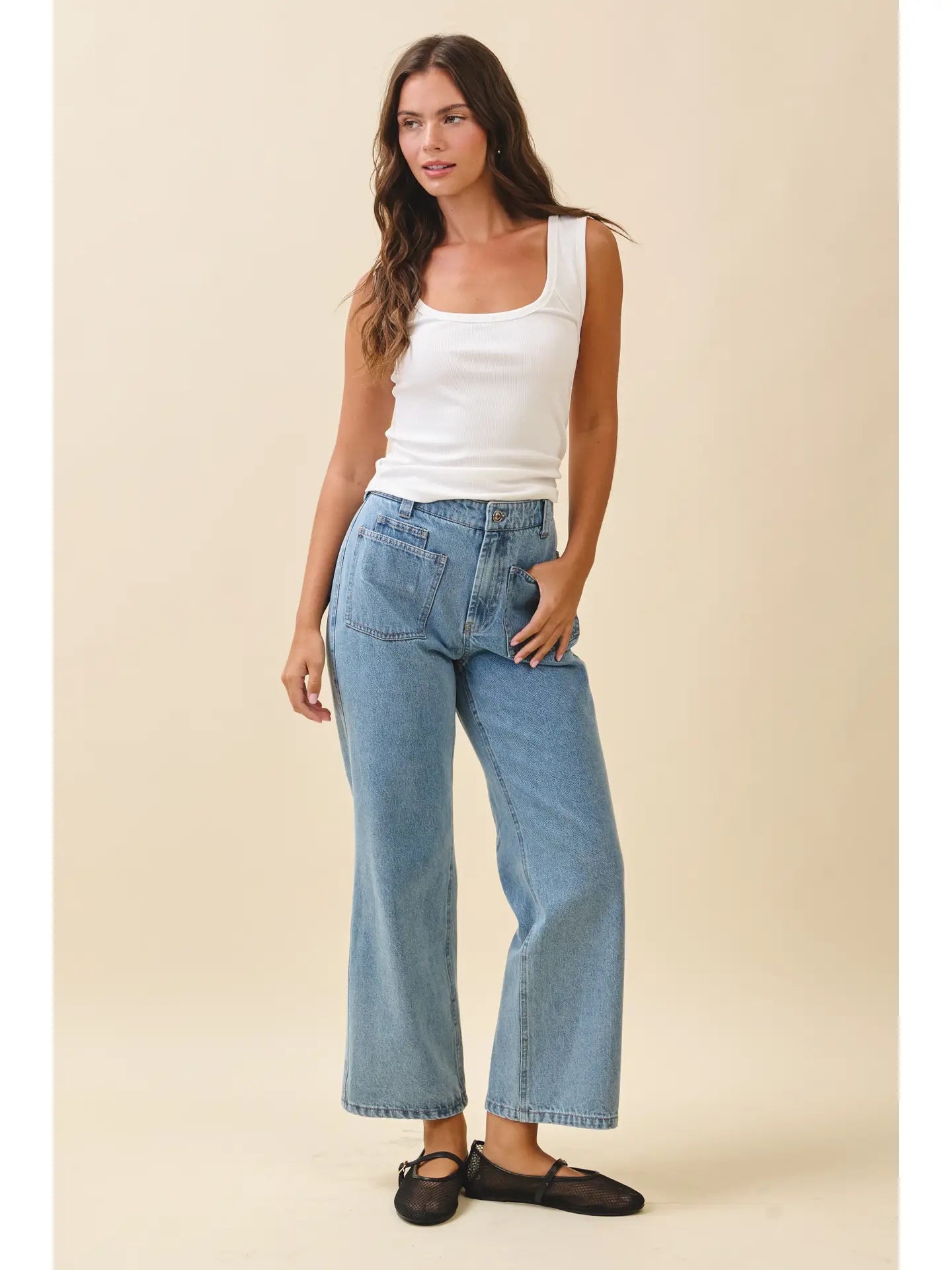 High Waist Wide Leg Denim Pants with Patch Pockets