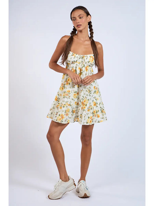 Lemon Floral Open Back with Crossed Tie Mini Dress