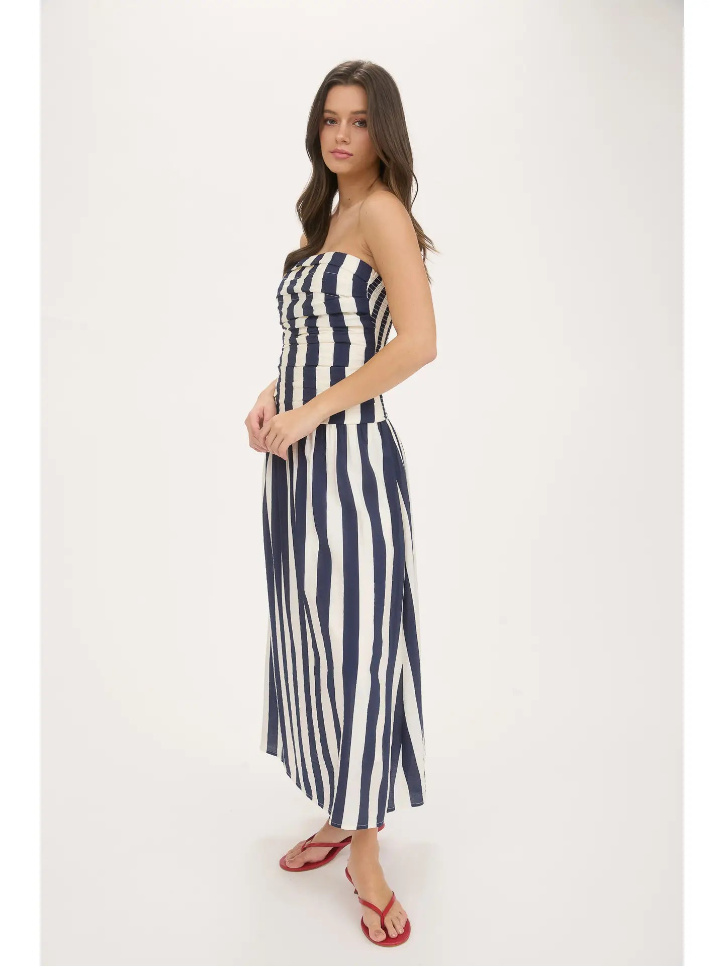 Vertical Stripe Strapless Midi Dress