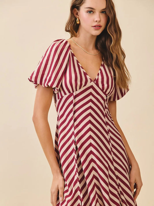 Striped Smocked Bodice V Neck Midi Dress