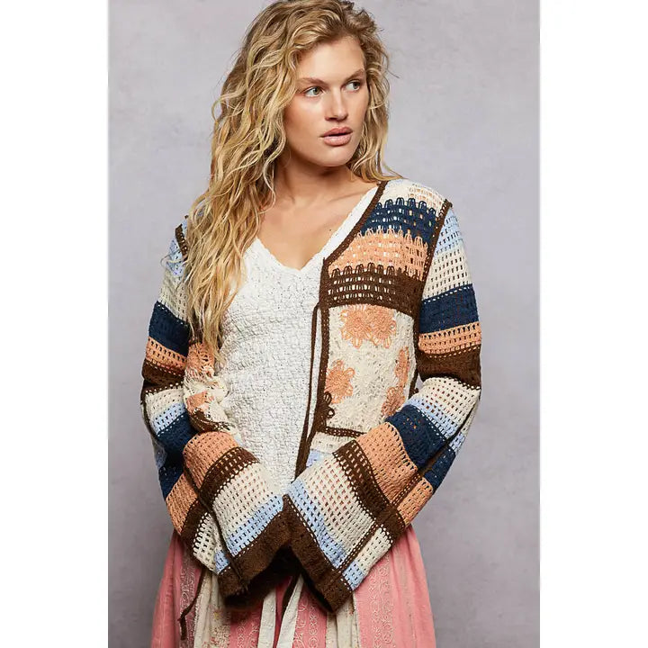 Long Sleeve Crochet Striped Tie Closure Open Cardigan Top