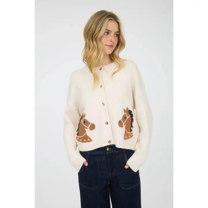 Horse Jacquard Long Sleeve Button Down Cardigan