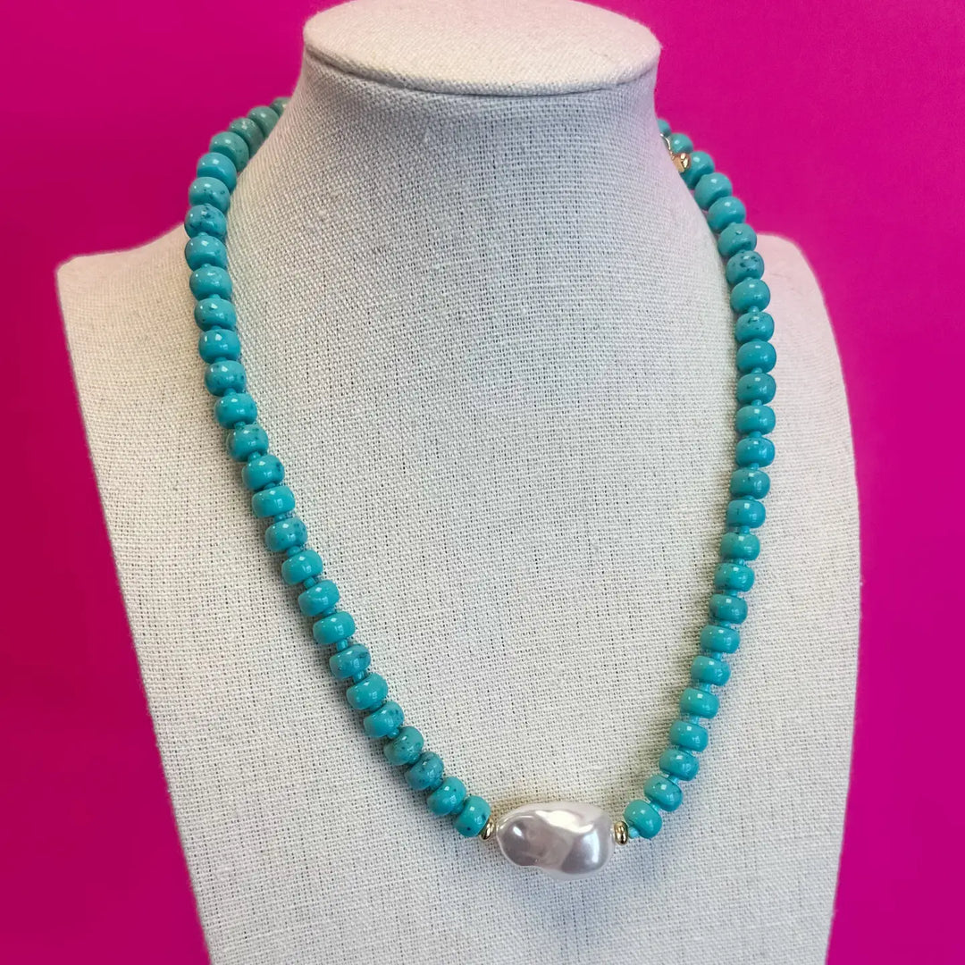 Bead with Pearl Necklace - Turquoise