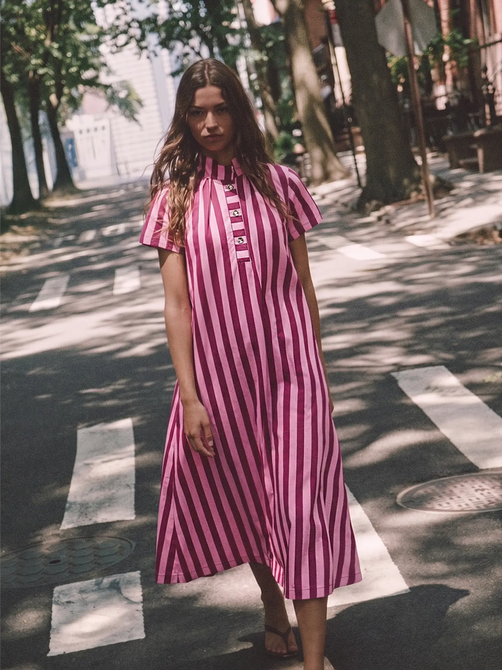 Stand High Neck Stripe Midi Dress