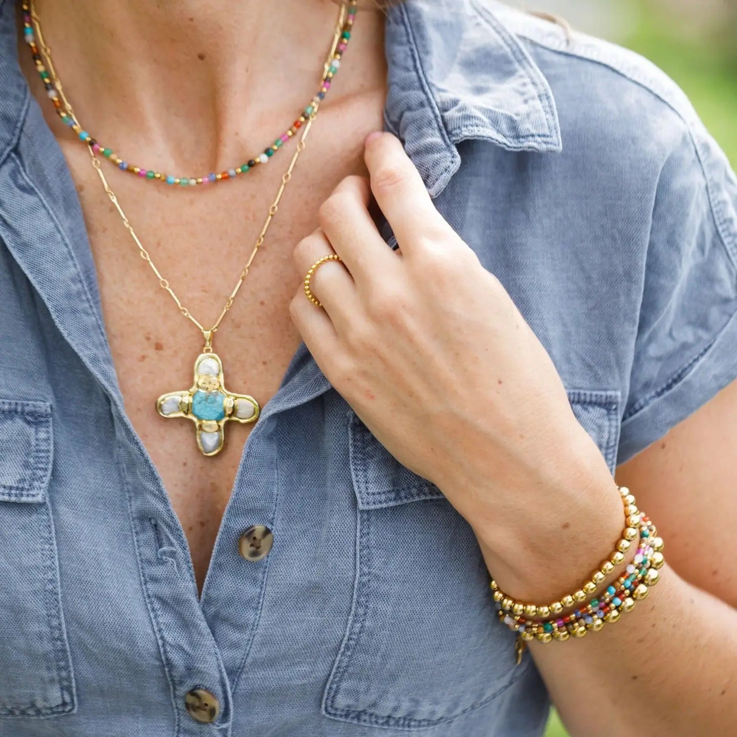 Pearl Cross Turquoise Pendant Necklace