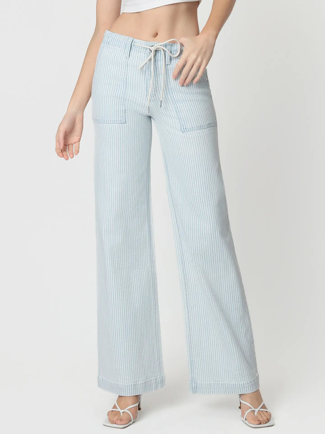 High Rise Drawstring Elastic Wb Striped Wide Jeans
