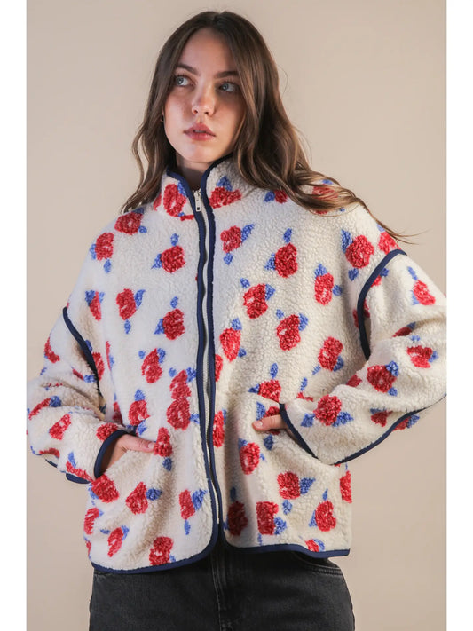 Oversized Floral Printed Fleece Sherpa Jacket