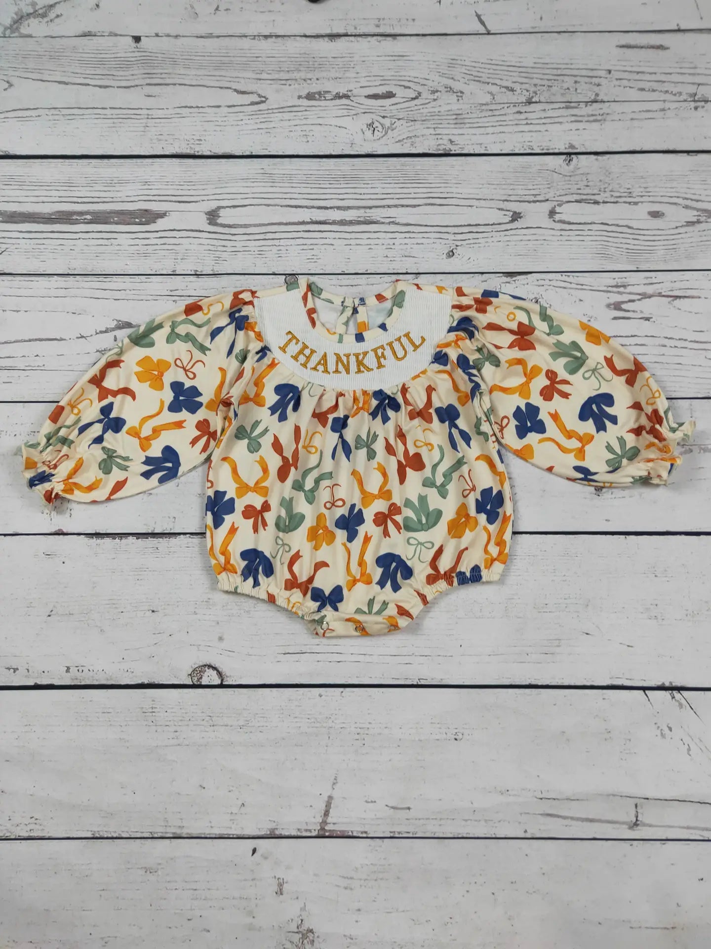 Thankful Smocked Bow Printed Baby Bubble